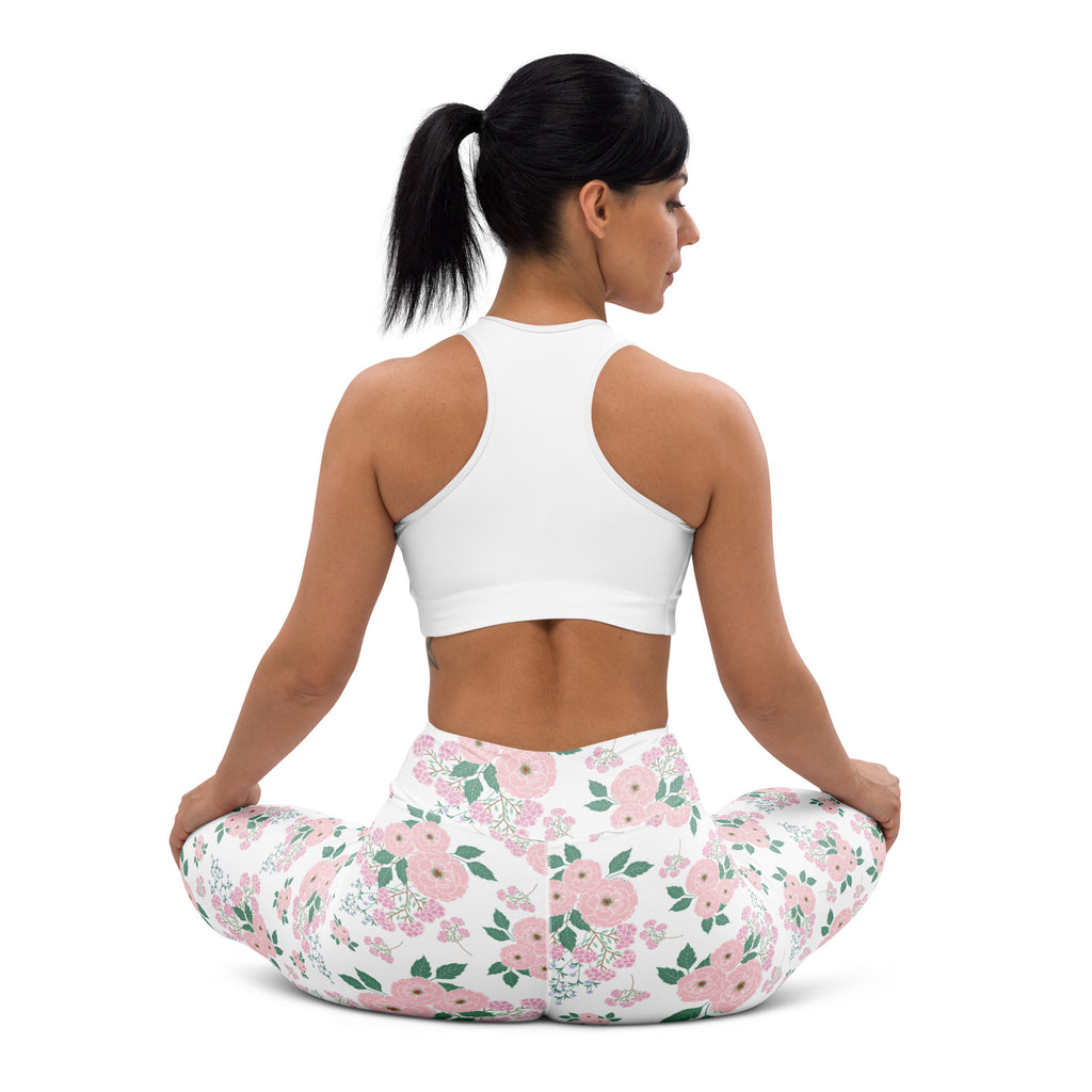 Women's Pink Rose Floral Buttery Soft Yoga Leggings - Quick Drying, High Waisted Comfort