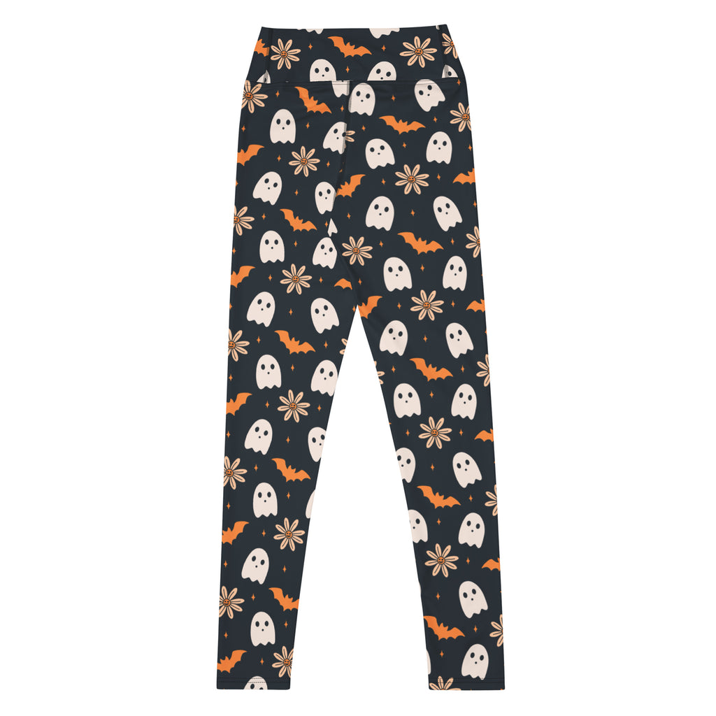 Women's Orange Floral Ghost Halloween Buttery Soft Yoga Leggings - Quick Drying, High Waisted Comfort