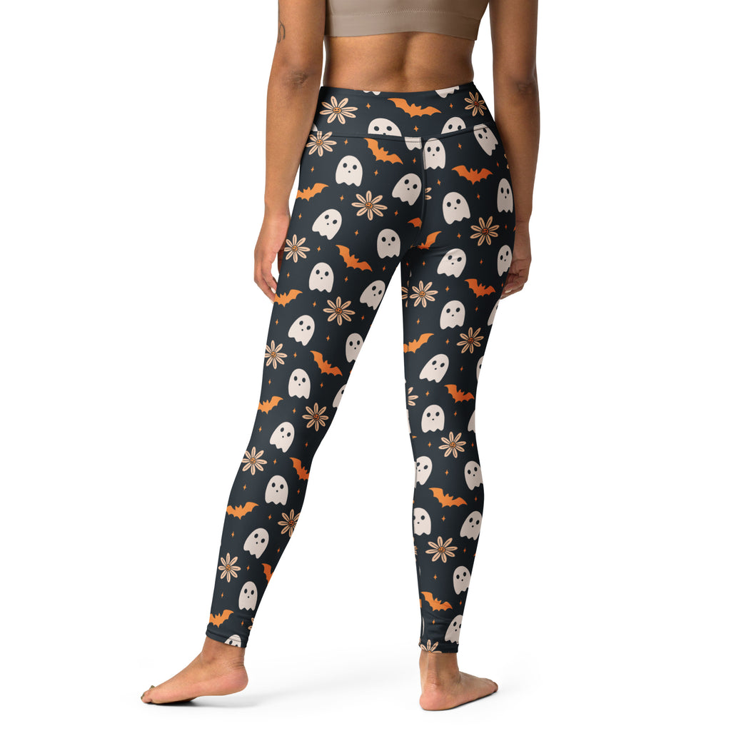 Women's Orange Floral Ghost Halloween Buttery Soft Yoga Leggings - Quick Drying, High Waisted Comfort