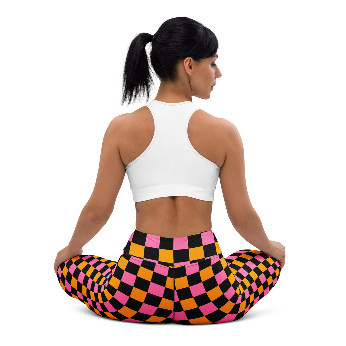 Women's Pink Orange Black Checkered Halloween Buttery Soft Yoga Leggings - Quick Drying, High Waisted Comfort