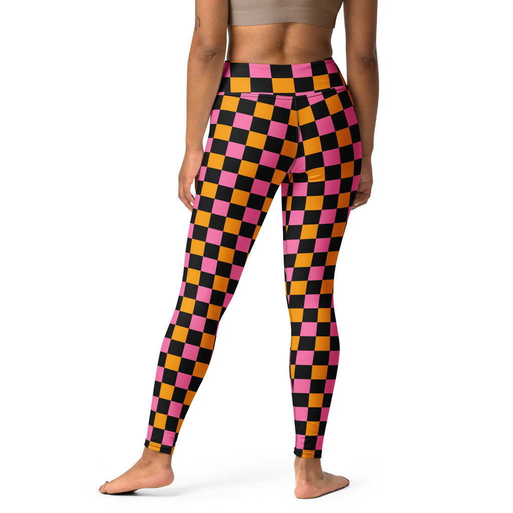 Women's Pink Orange Black Checkered Halloween Buttery Soft Yoga Leggings - Quick Drying, High Waisted Comfort