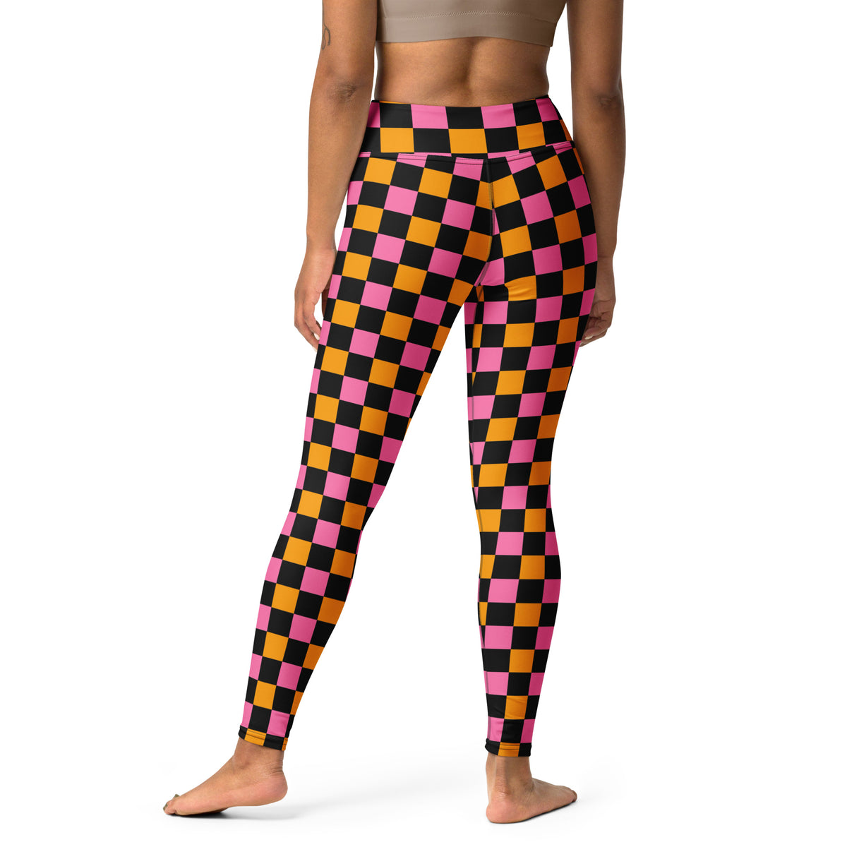 Women's Pink Orange Black Checkered Halloween Buttery Soft Yoga Leggings - Quick Drying, High Waisted Comfort