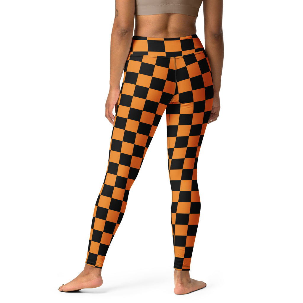 Women's Orange & Black Checkered Halloween Buttery Soft Yoga Leggings - Quick Drying, High Waisted Comfort
