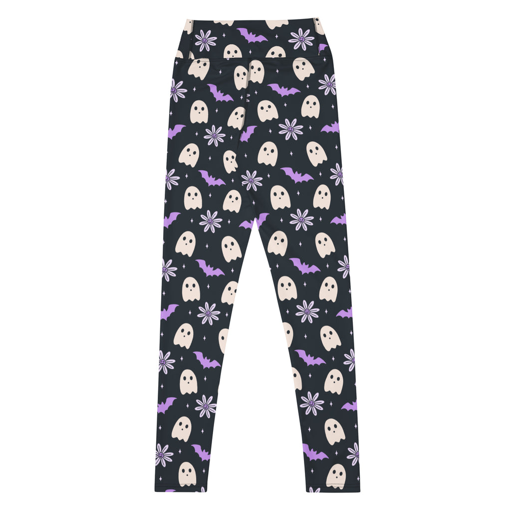 Women's Purple Floral Ghost Halloween Buttery Soft Yoga Leggings - Quick Drying, High Waisted Comfort