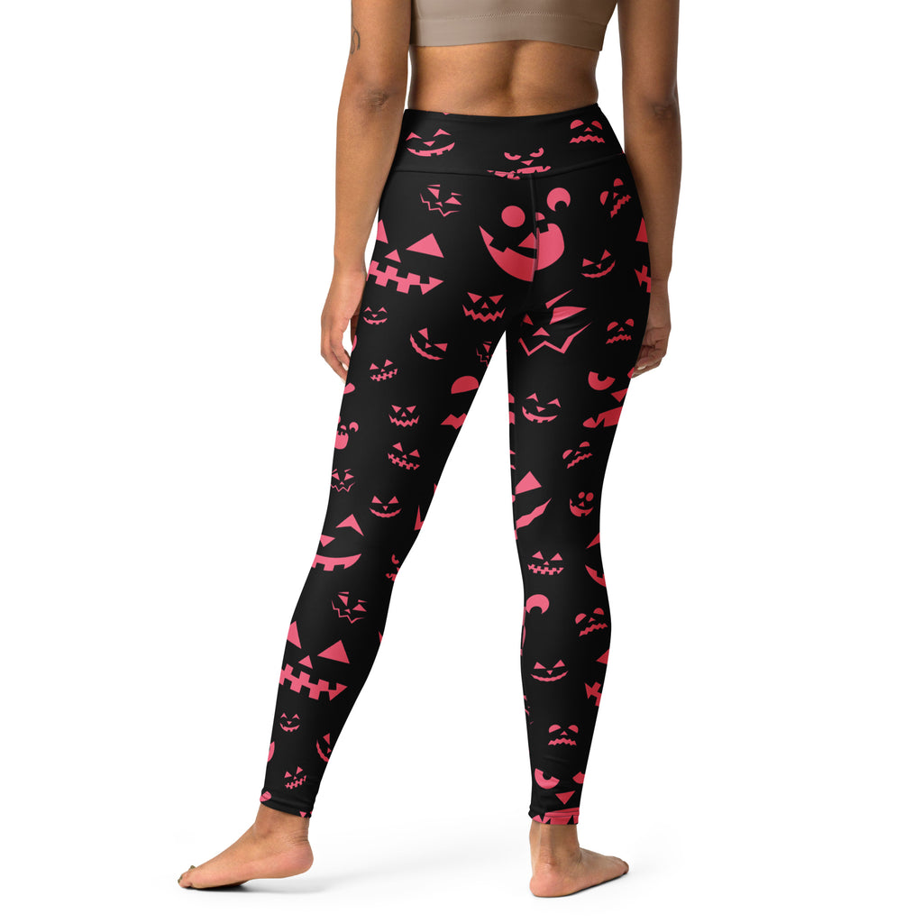 Women's Pink Jack-O'-Lantern Faces Halloween Buttery Soft Yoga Leggings - Quick Drying, High Waisted Comfort