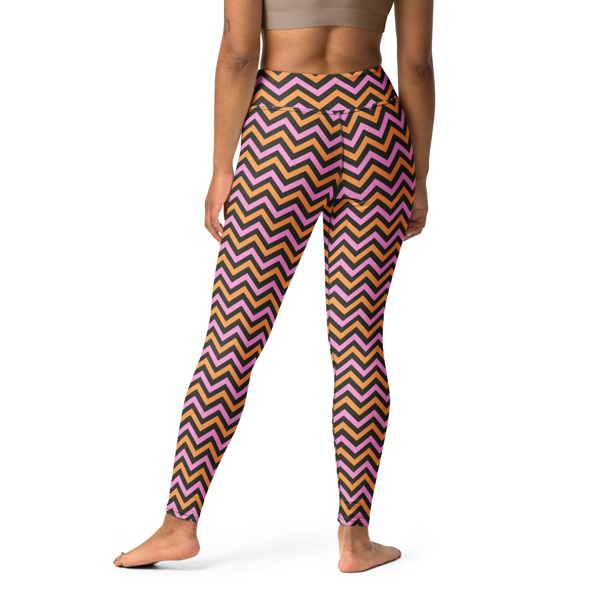 Women's Pink & Orange Chevron Striped Halloween Buttery Soft Yoga Leggings - Quick Drying, High Waisted Comfort