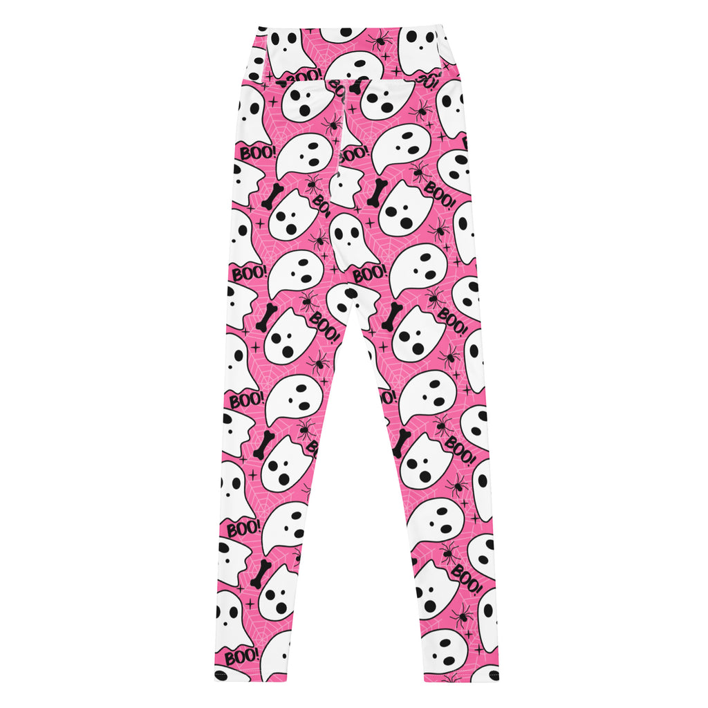 Women's Pink Ghost Halloween Themed Buttery Soft Yoga Leggings - Quick Drying, High Waisted Comfort