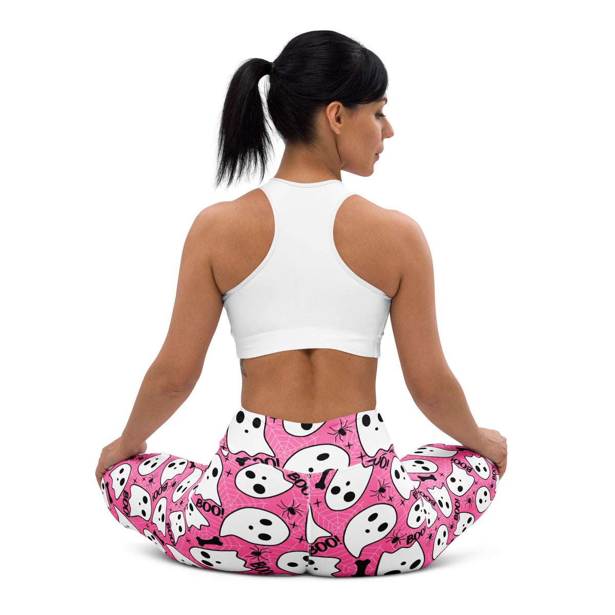 Women's Pink Ghost Halloween Themed Buttery Soft Yoga Leggings - Quick Drying, High Waisted Comfort