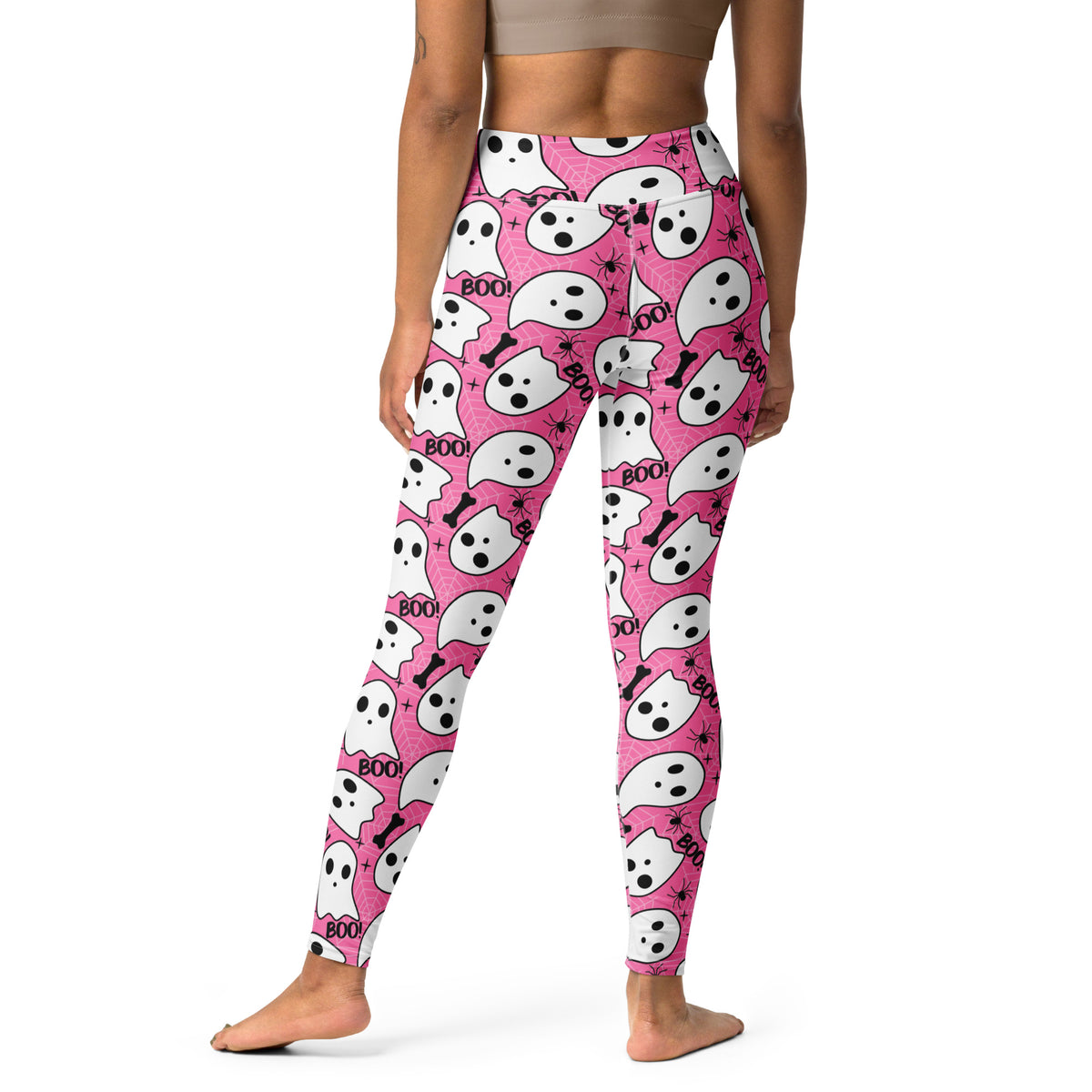 Women's Pink Ghost Halloween Themed Buttery Soft Yoga Leggings - Quick Drying, High Waisted Comfort