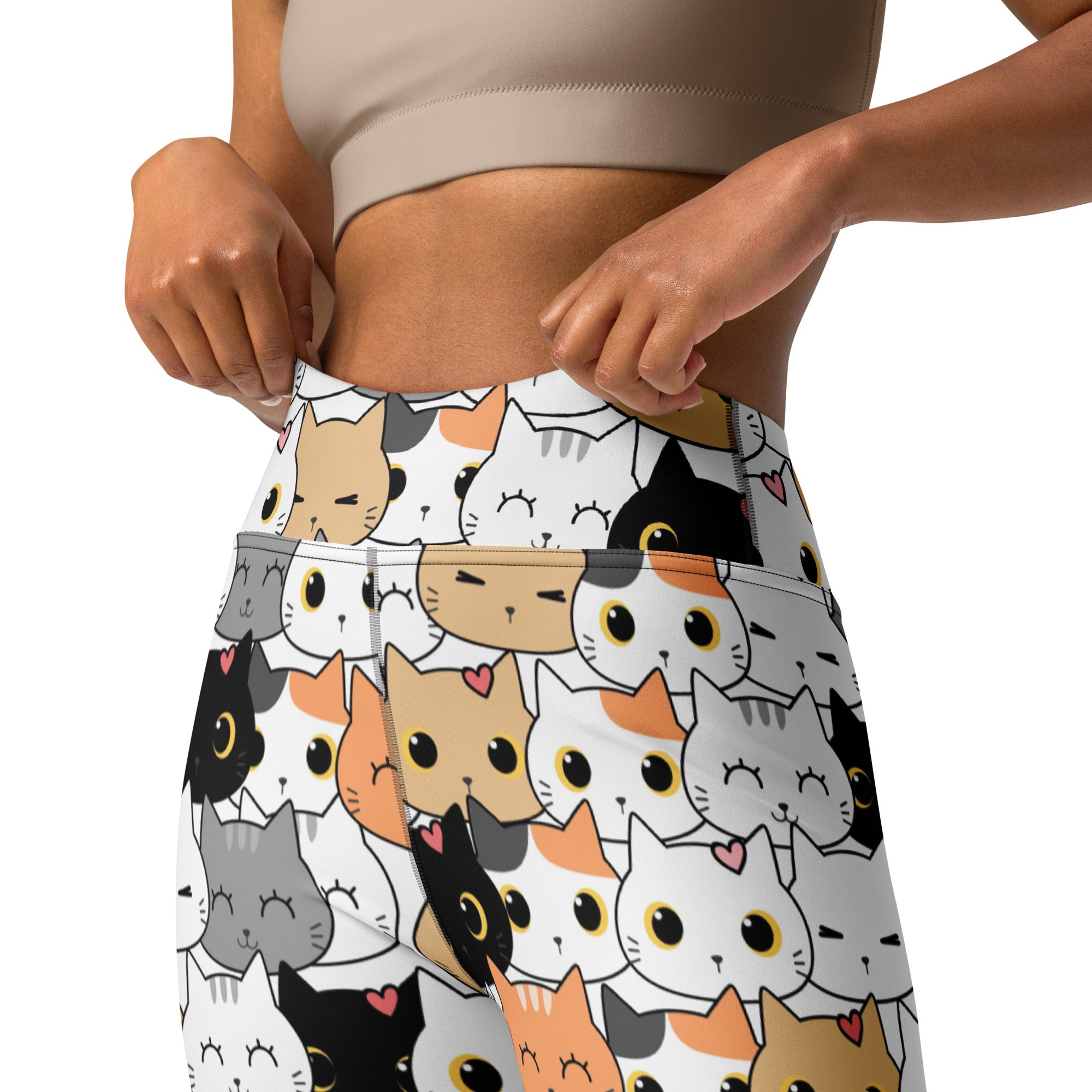 High-waisted women’s cat face buttery soft yoga leggings with colorful playful cartoon cat pattern