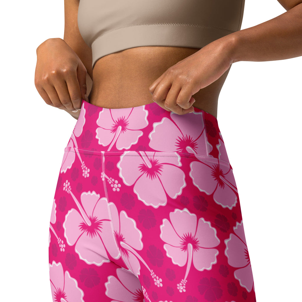 Women’s tropical pink hibiscus floral buttery soft high-waisted yoga leggings with vibrant fuchsia base and white outlines