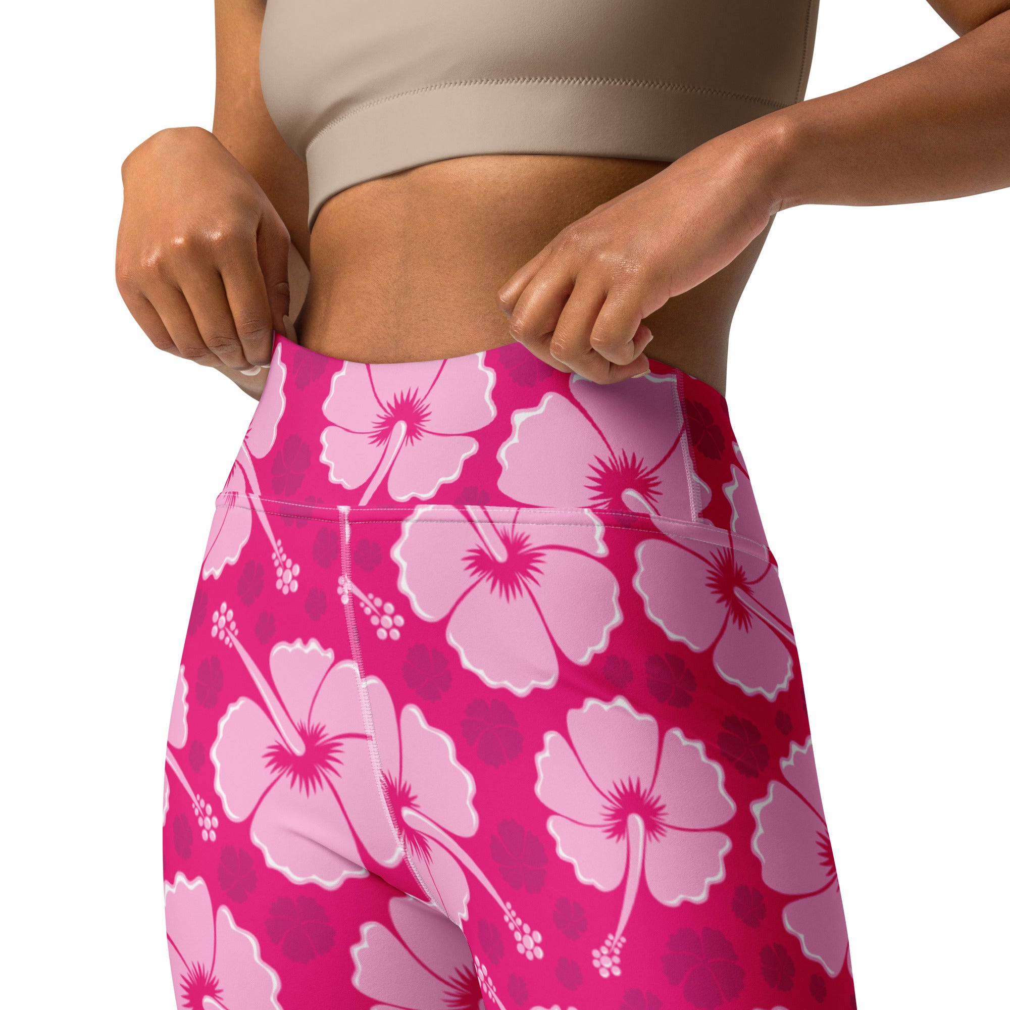 Women’s tropical pink hibiscus floral buttery soft high-waisted yoga leggings with vibrant fuchsia base and white outlines