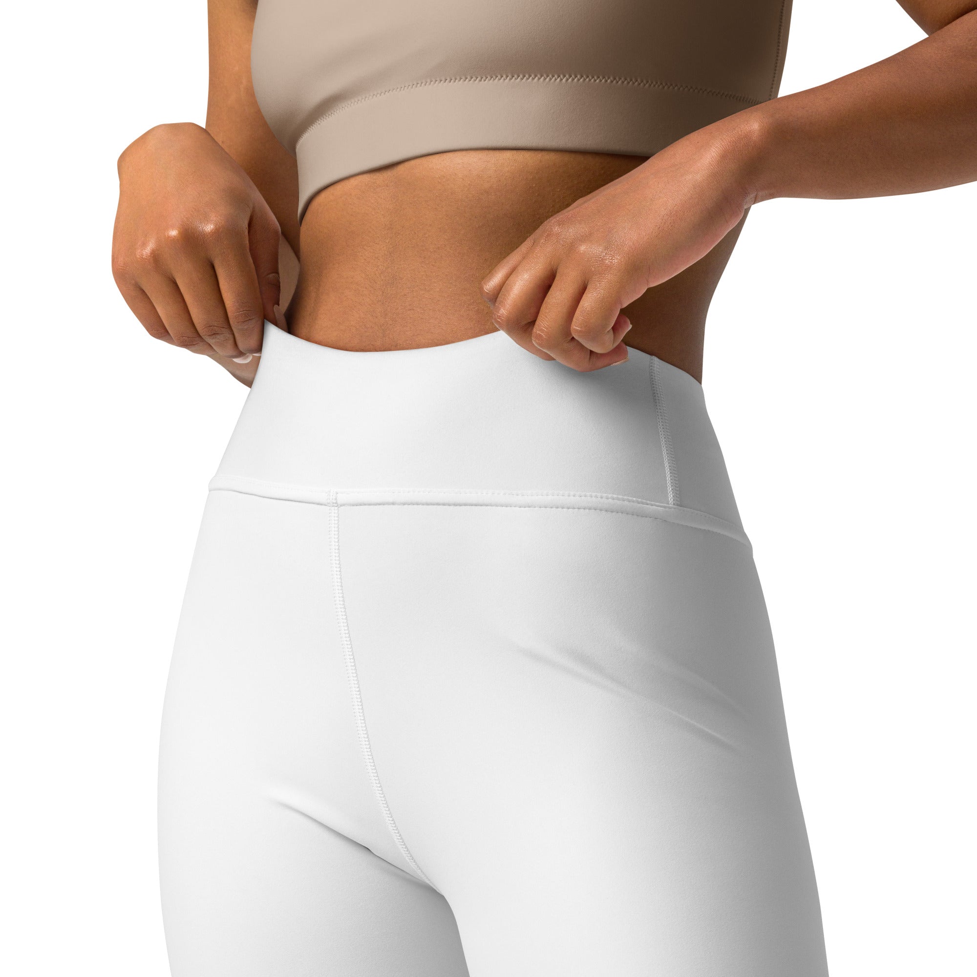 White buttery soft yoga leggings with high waist smooth stretchy fabric and clean stitching for women