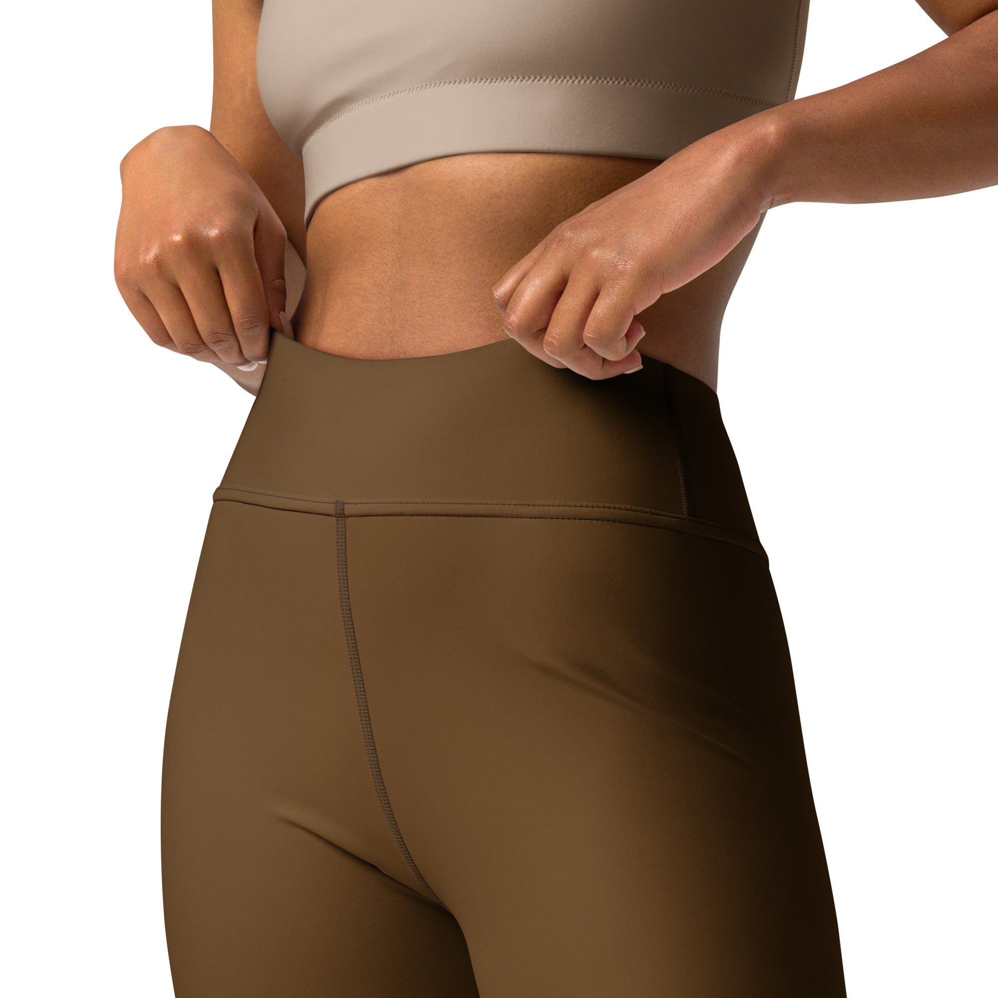 Women’s brown buttery soft yoga leggings featuring high-waisted olive green smooth stretchy fabric with seam detailing