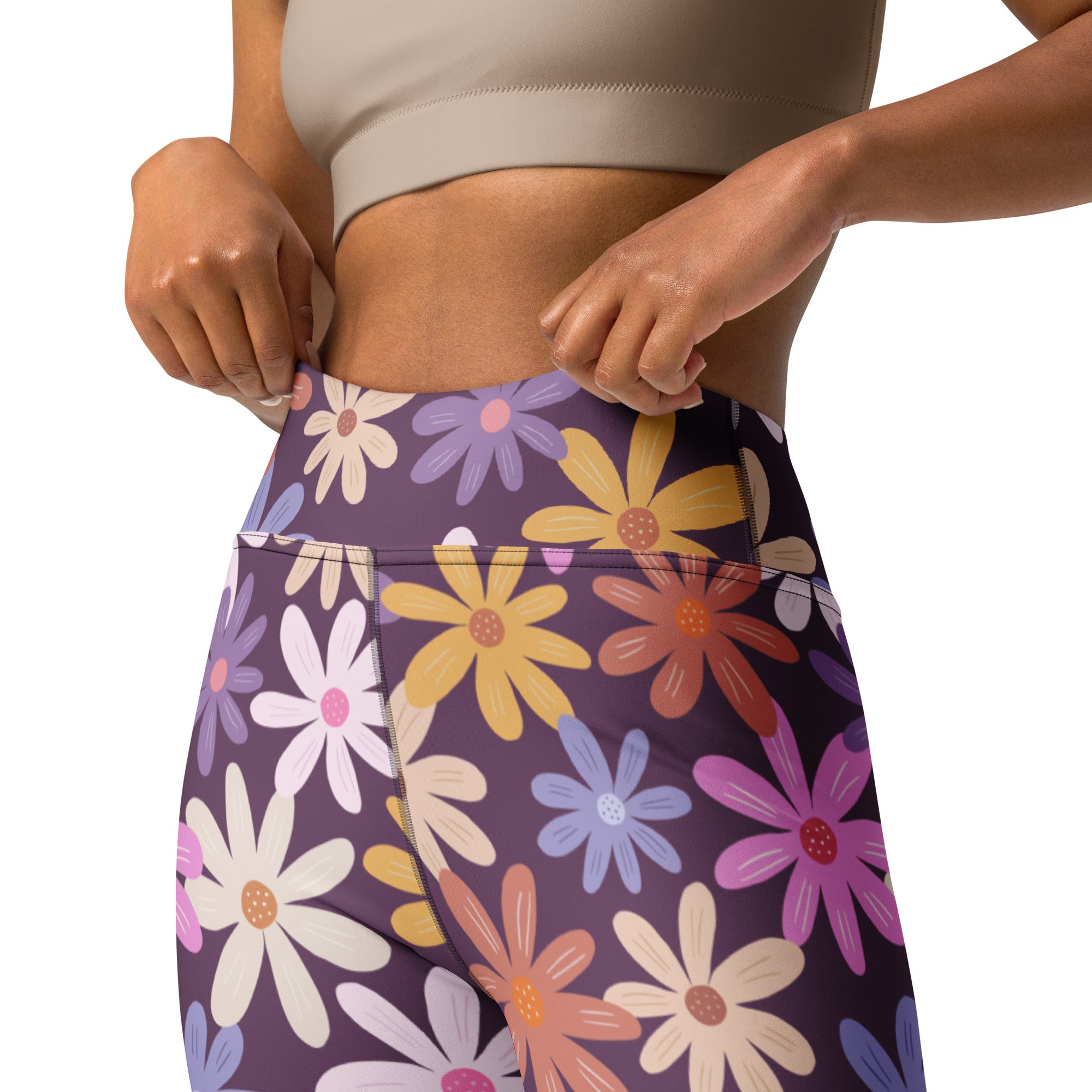 Women purple retro flower buttery soft high-waisted yoga leggings with vibrant colorful daisy floral pattern