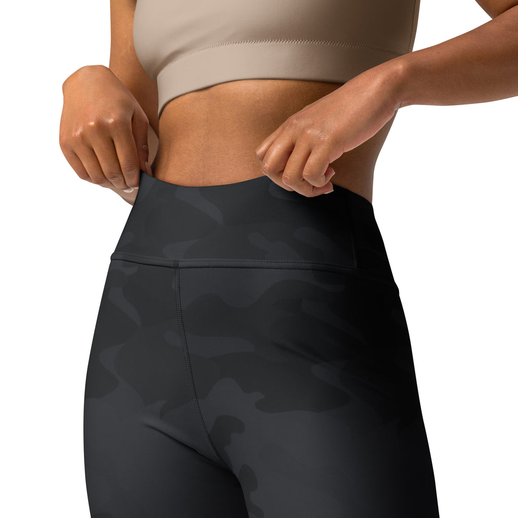 Women’s black camouflage buttery soft yoga leggings in dark gray high-waisted stretchy fabric with a form-fitting design