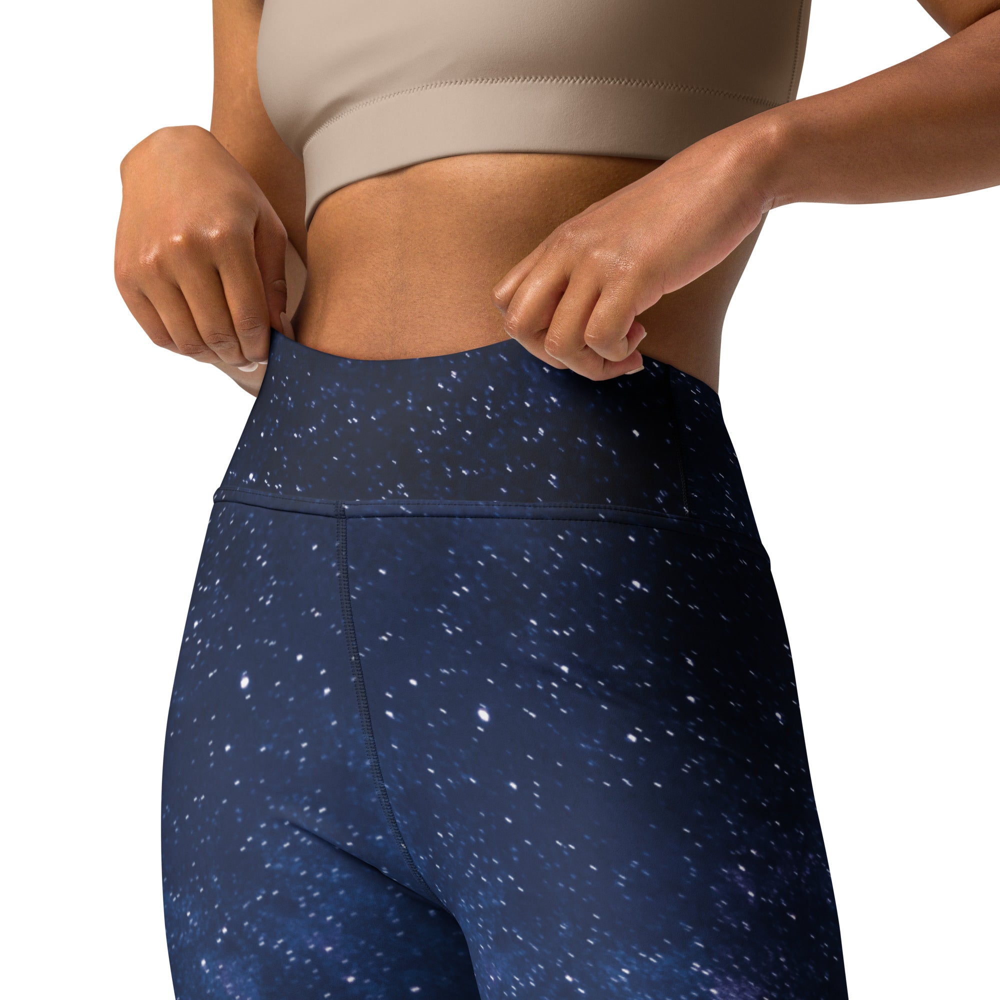 Dark blue high-waisted buttery soft yoga leggings with realistic starry night sky galaxy pattern for women
