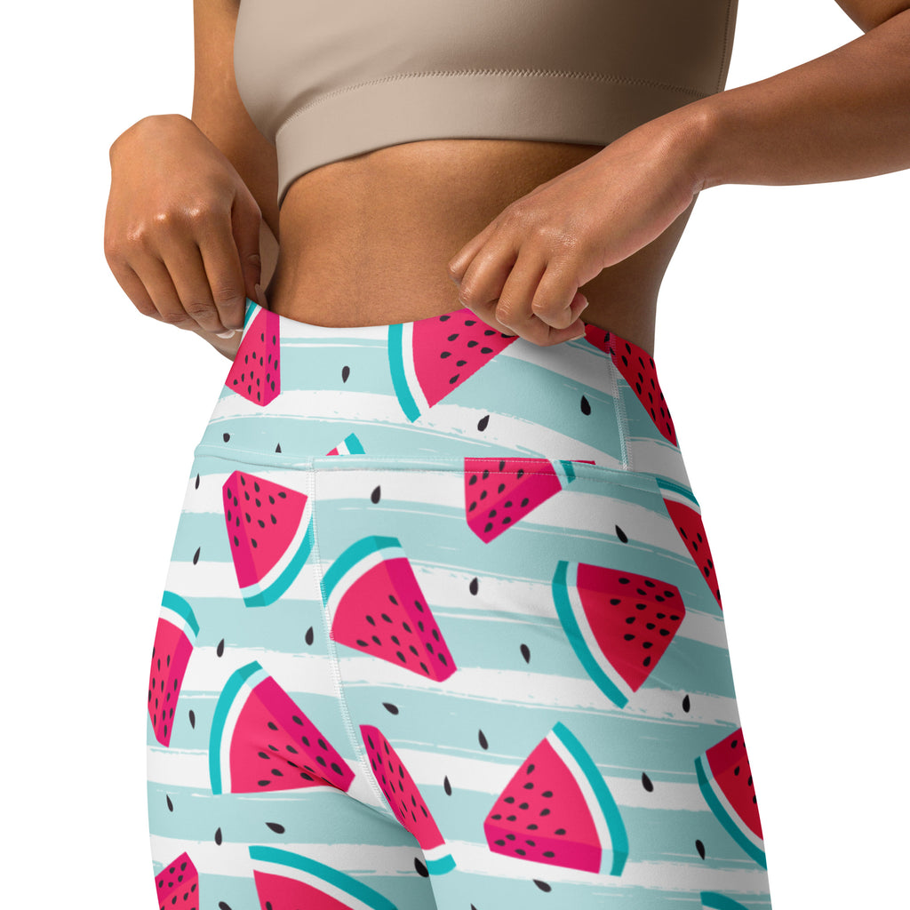 Women’s watermelon print high-waisted yoga leggings with vibrant pink and teal pattern on buttery soft stretchy fabric