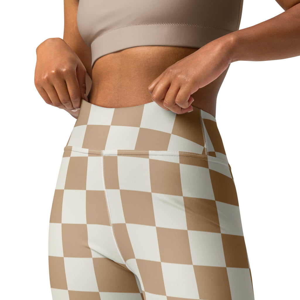 Women’s tan checkerboard buttery soft high-waisted yoga leggings in beige and white checkered pattern front view