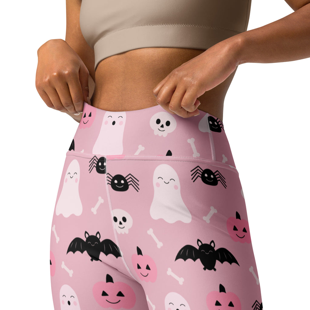 Women’s cute ghost and bats pink halloween high-waisted buttery soft yoga leggings with spooky prints on stretchy fabric