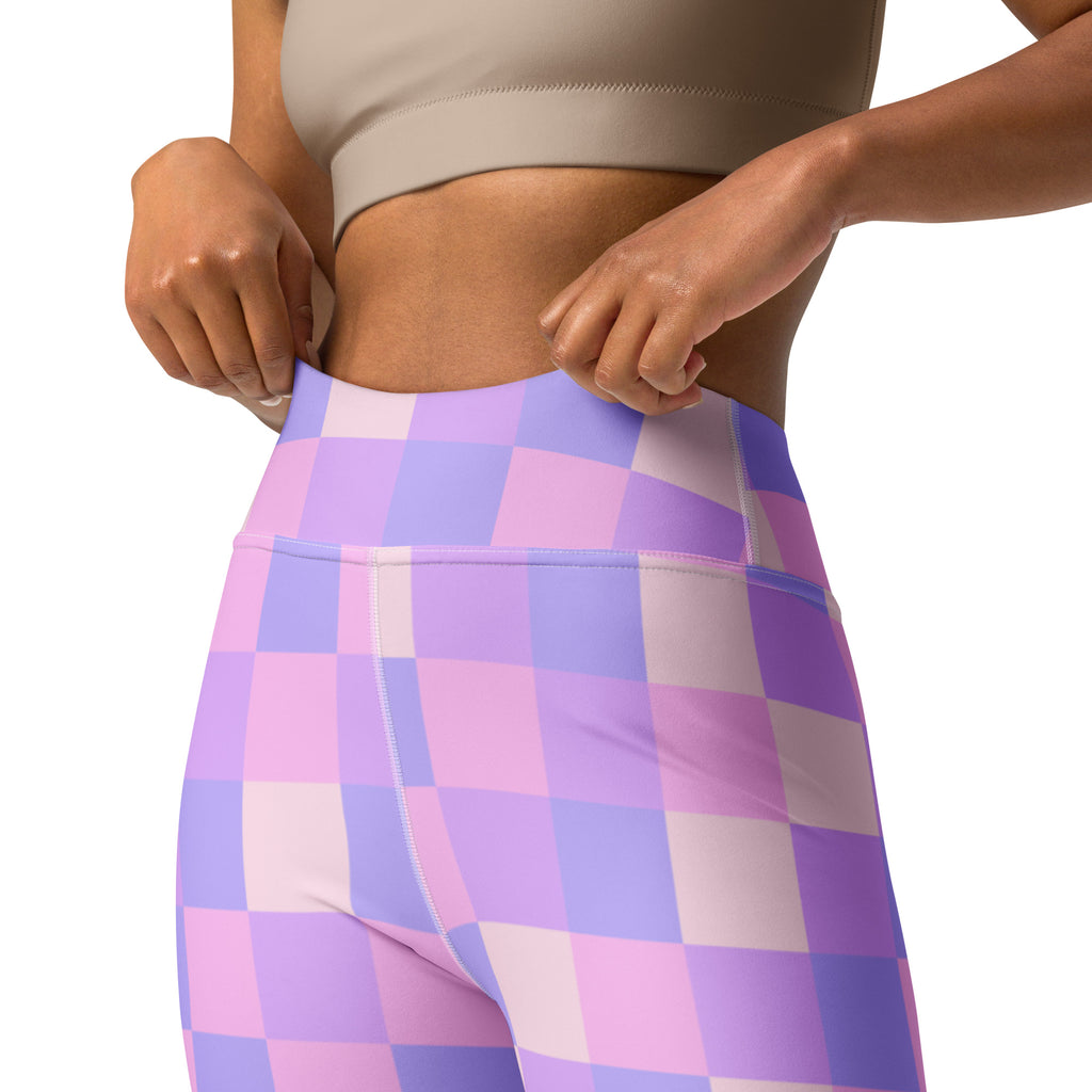 Women’s purple and pink checkered high-waisted buttery soft yoga leggings shown from the back side