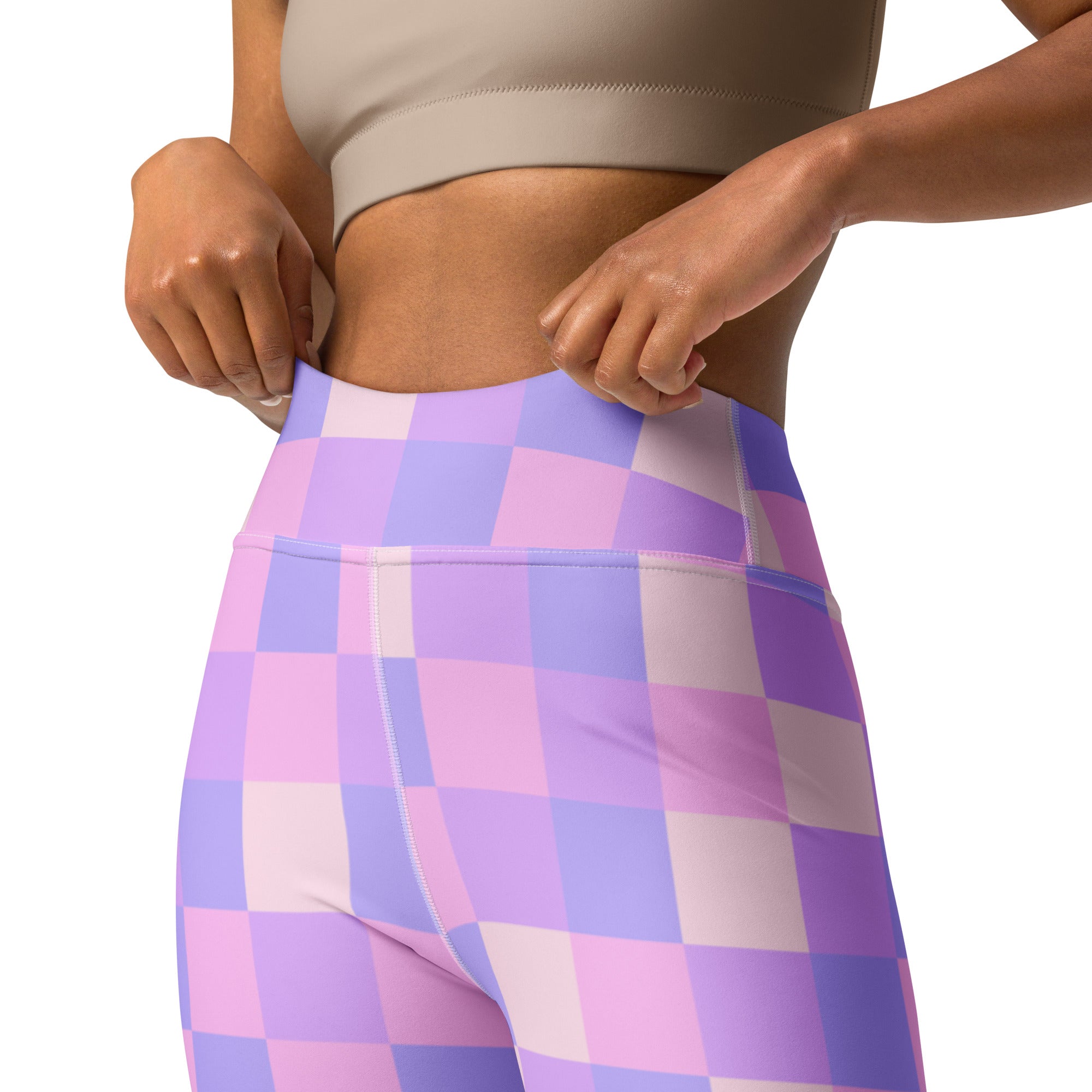 Women’s purple and pink checkered high-waisted buttery soft yoga leggings shown from the back side