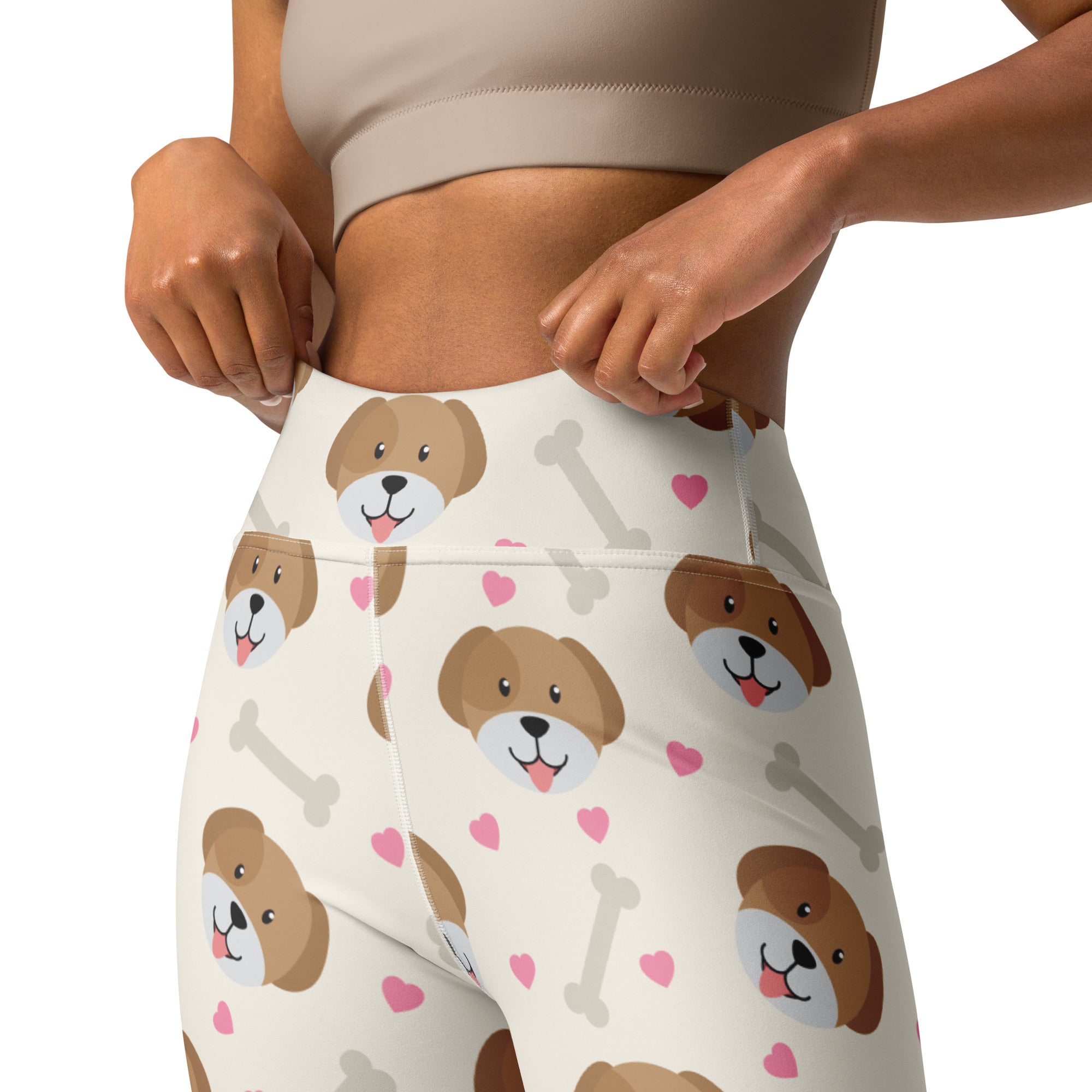 White high-waisted buttery soft yoga leggings with playful brown dog faces pink hearts and gray bones print for women