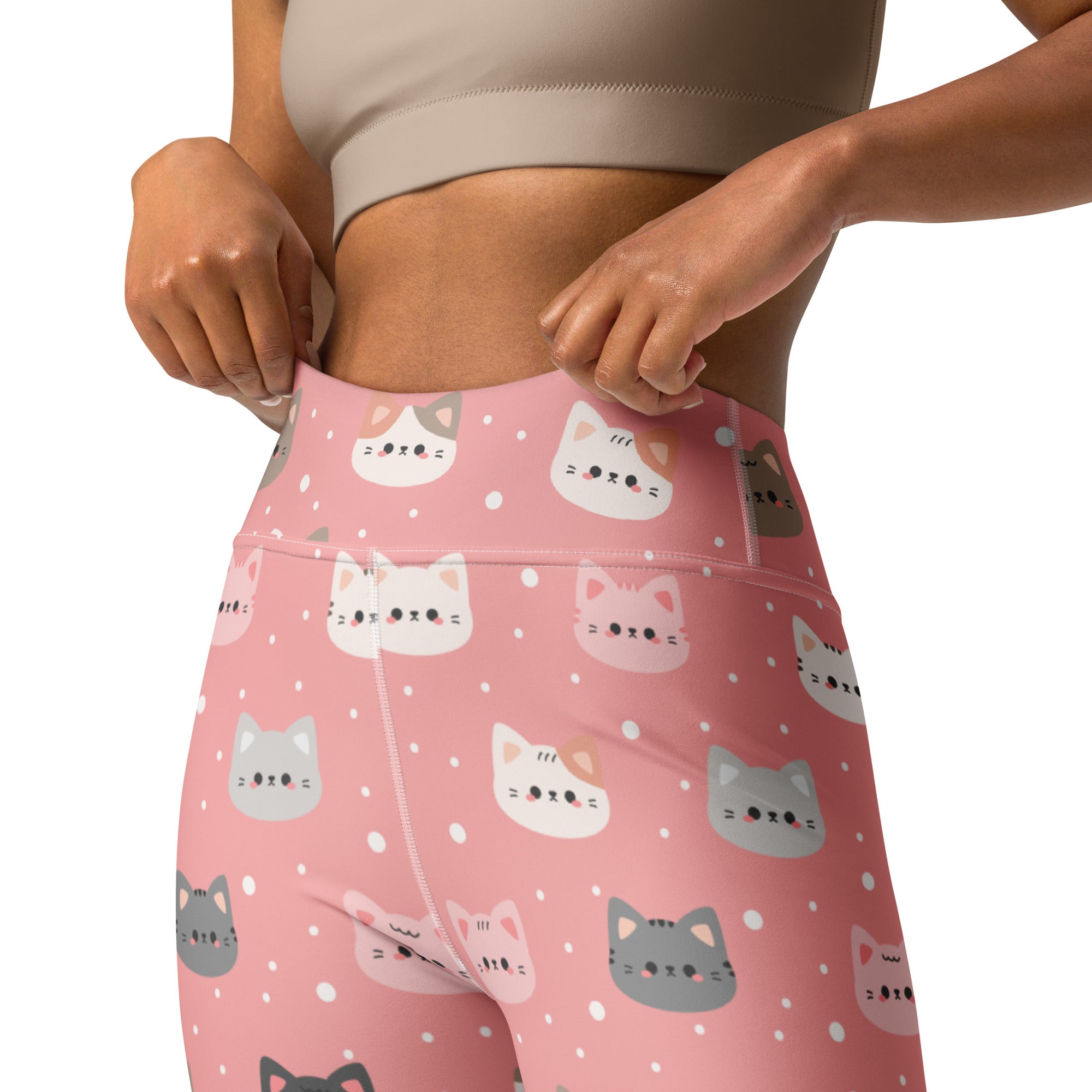 Women’s cute pink cat faces buttery soft yoga leggings in pink with cartoon cat pattern and small polka dots