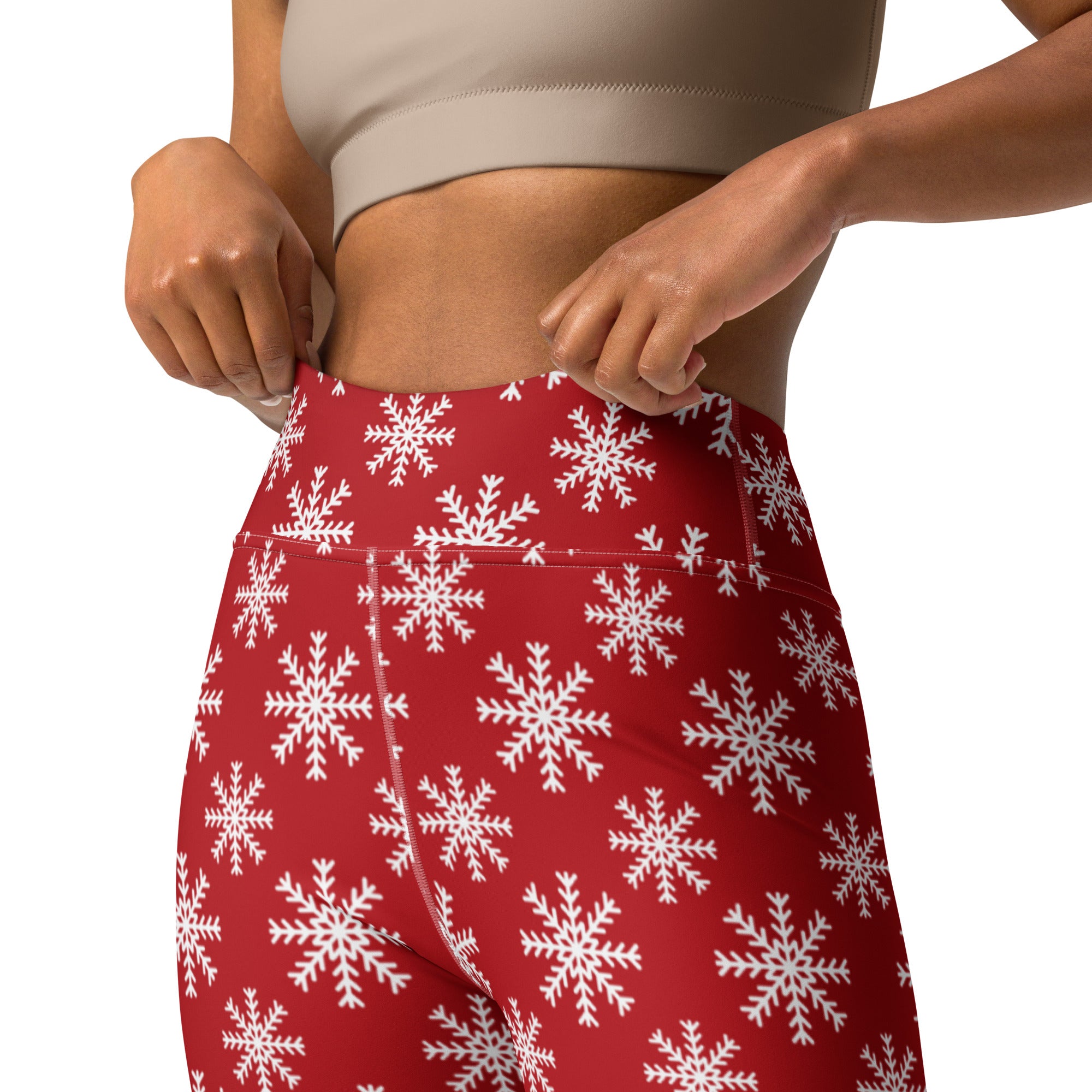 Women’s red high-waisted buttery soft yoga leggings with white snowflake pattern front view