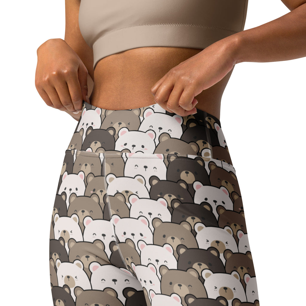 High-waisted women’s bear face buttery soft yoga leggings with a playful pattern of white gray and brown cartoon bears
