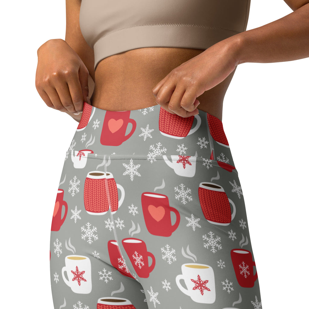 Women’s buttery soft gray yoga leggings with festive red and white knit mugs hearts and snowflakes pattern