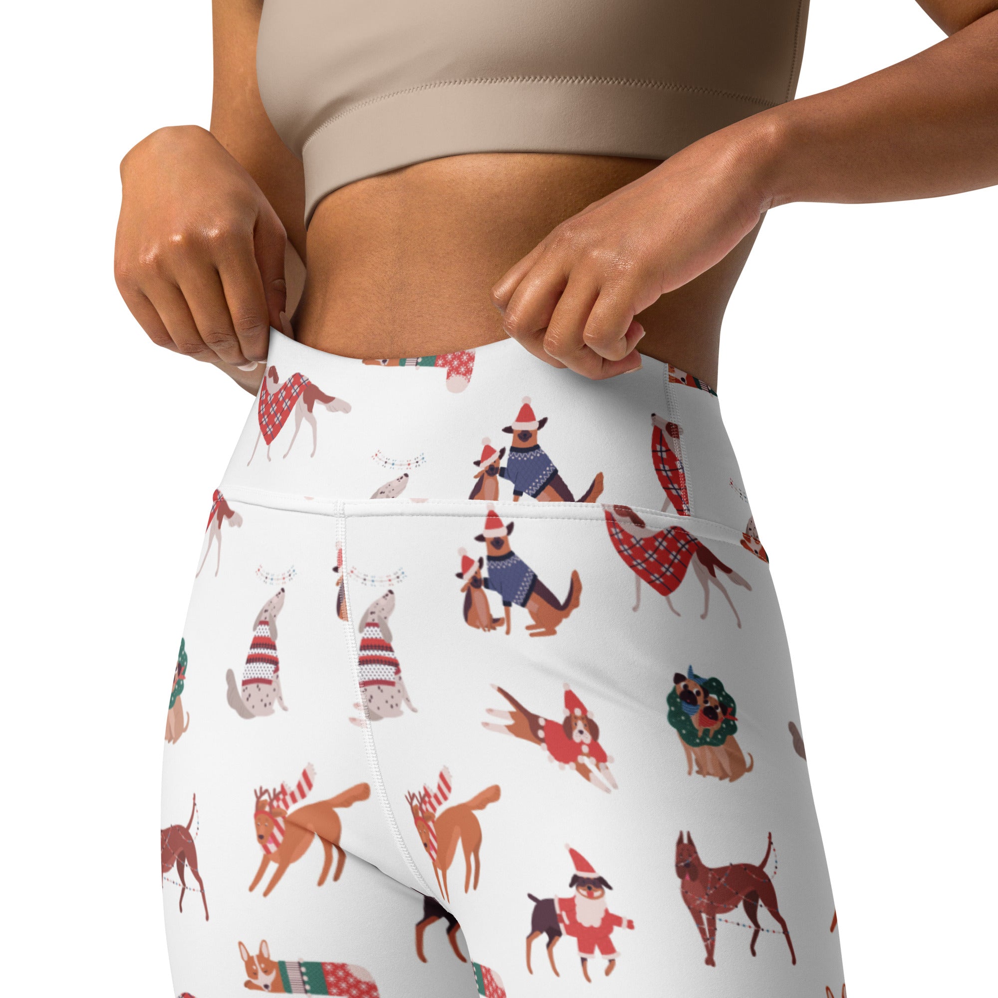 White high-waisted buttery soft yoga leggings with festive holiday cartoon dogs and deer print for women