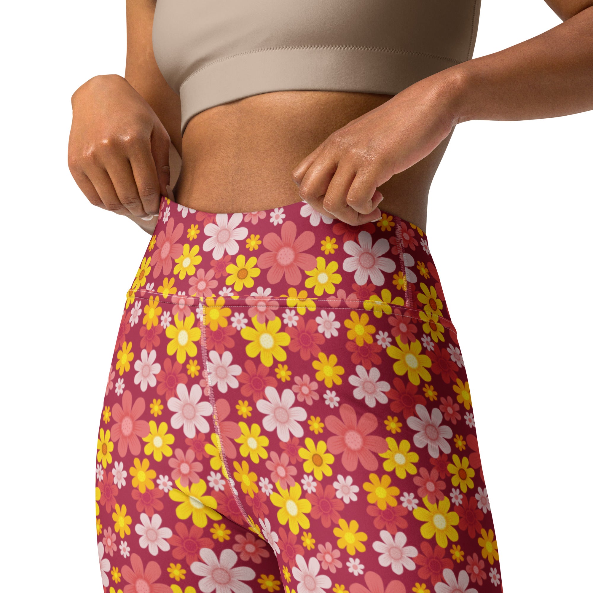 Women’s red floral buttery soft high-waisted yoga leggings with vibrant pink yellow and white floral patterns on magenta background