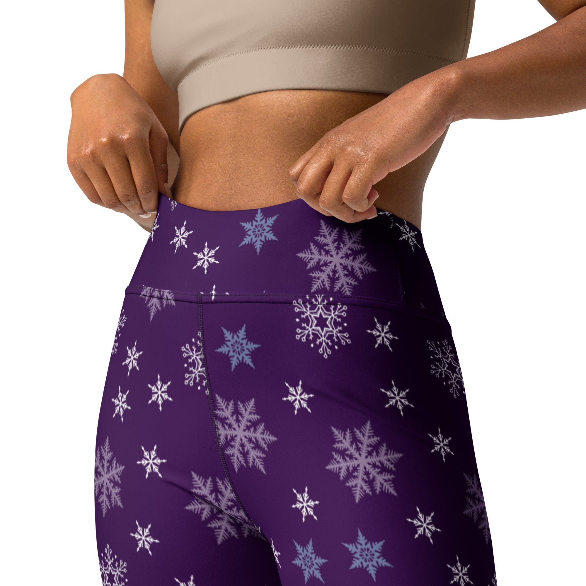 Women’s purple high-waisted buttery soft yoga leggings with white and light blue snowflake pattern