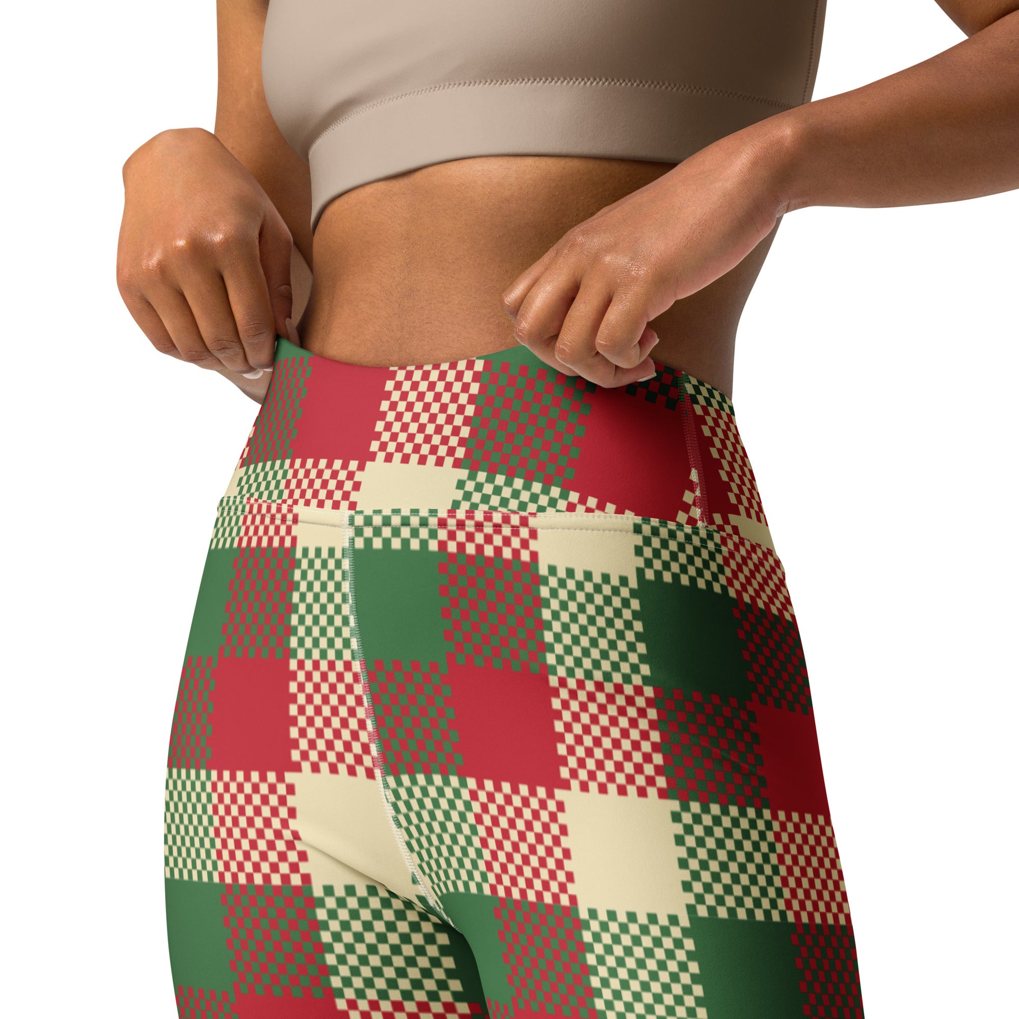 Women’s plaid christmas buttery soft high-waisted leggings in red green and cream checkered pattern