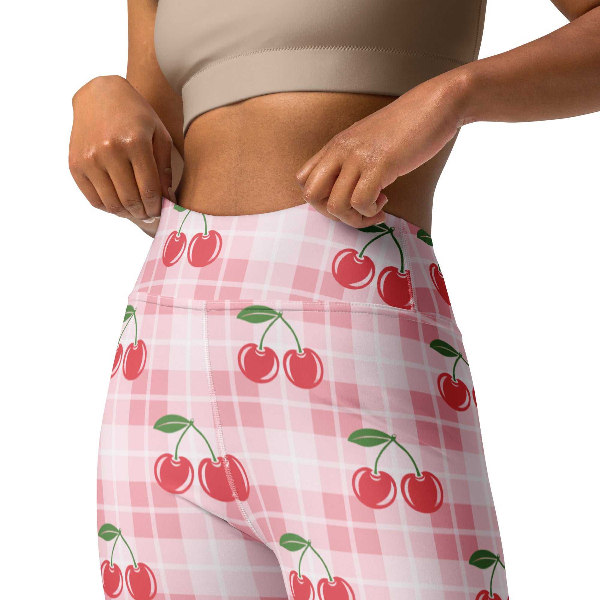 Women’s pink gingham cherry buttery soft high-waisted yoga leggings with red cherry print and green stems