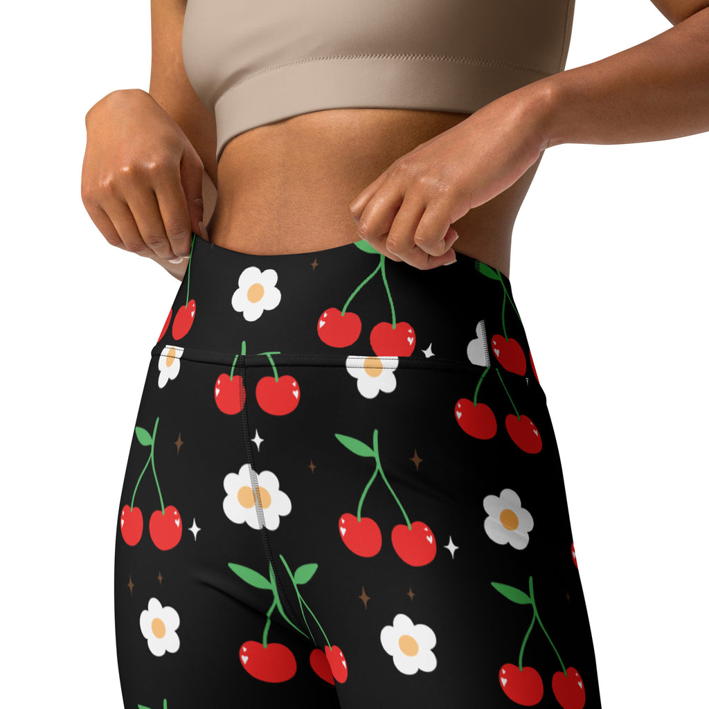 Women’s black cherry blossom buttery soft high-waisted leggings with red cherries and white daisies pattern