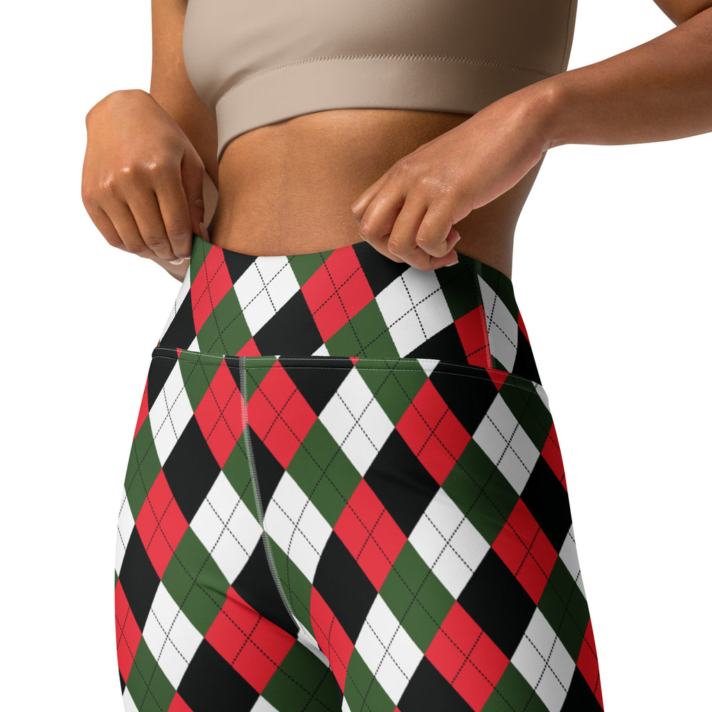 Women’s argyle christmas buttery soft high-waisted yoga leggings in red green and black pattern
