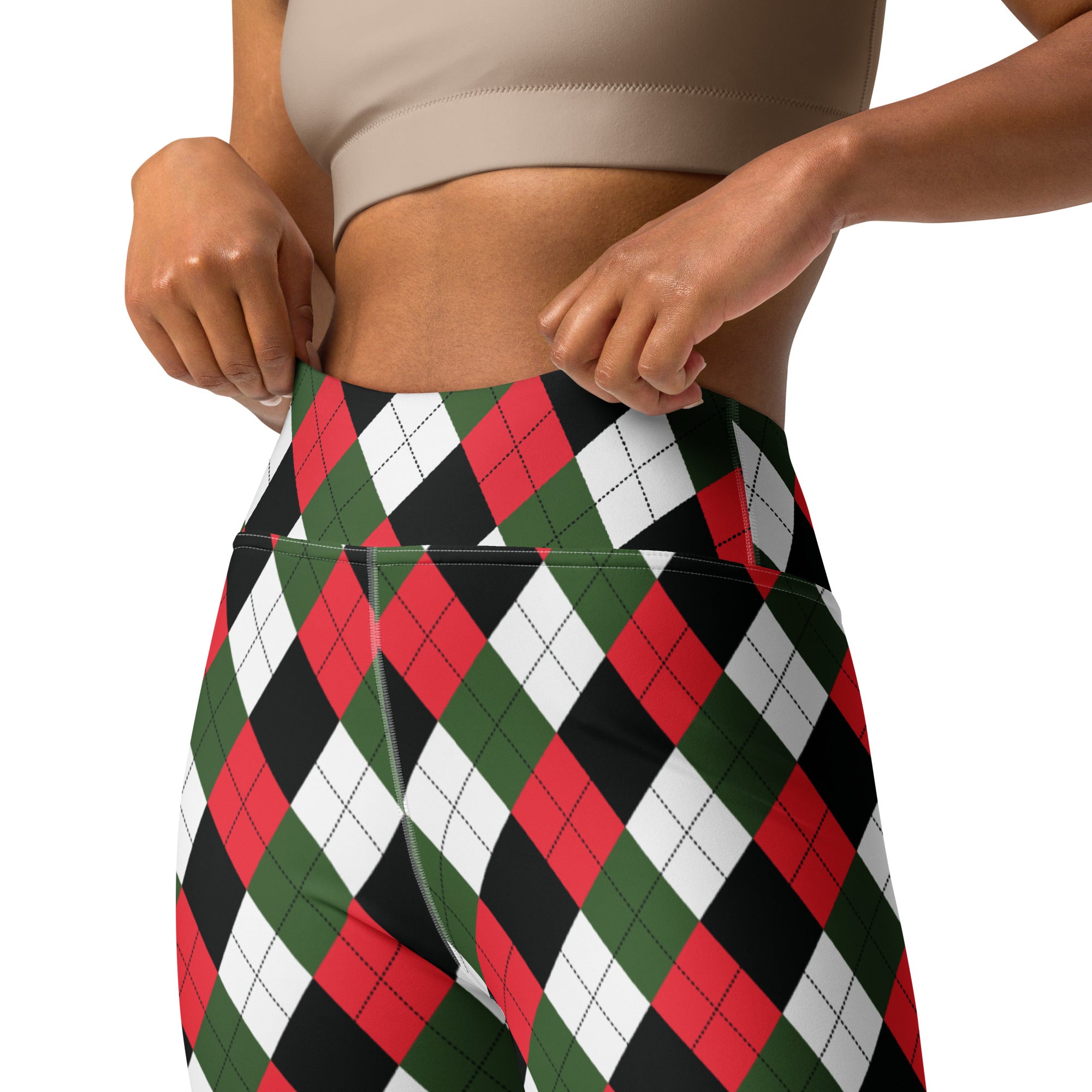 Women’s argyle christmas buttery soft high-waisted yoga leggings in red green and black pattern