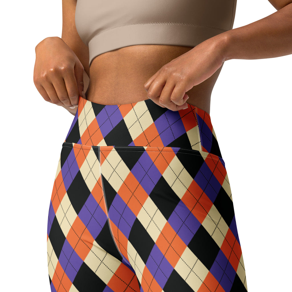 High-waisted women’s halloween argyle buttery soft yoga leggings in black purple orange and cream with bold pattern