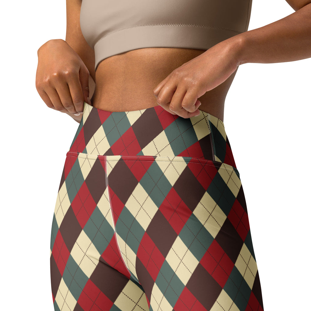 Women’s christmas themed argyle buttery soft high waisted leggings in red green and cream perfect for yoga