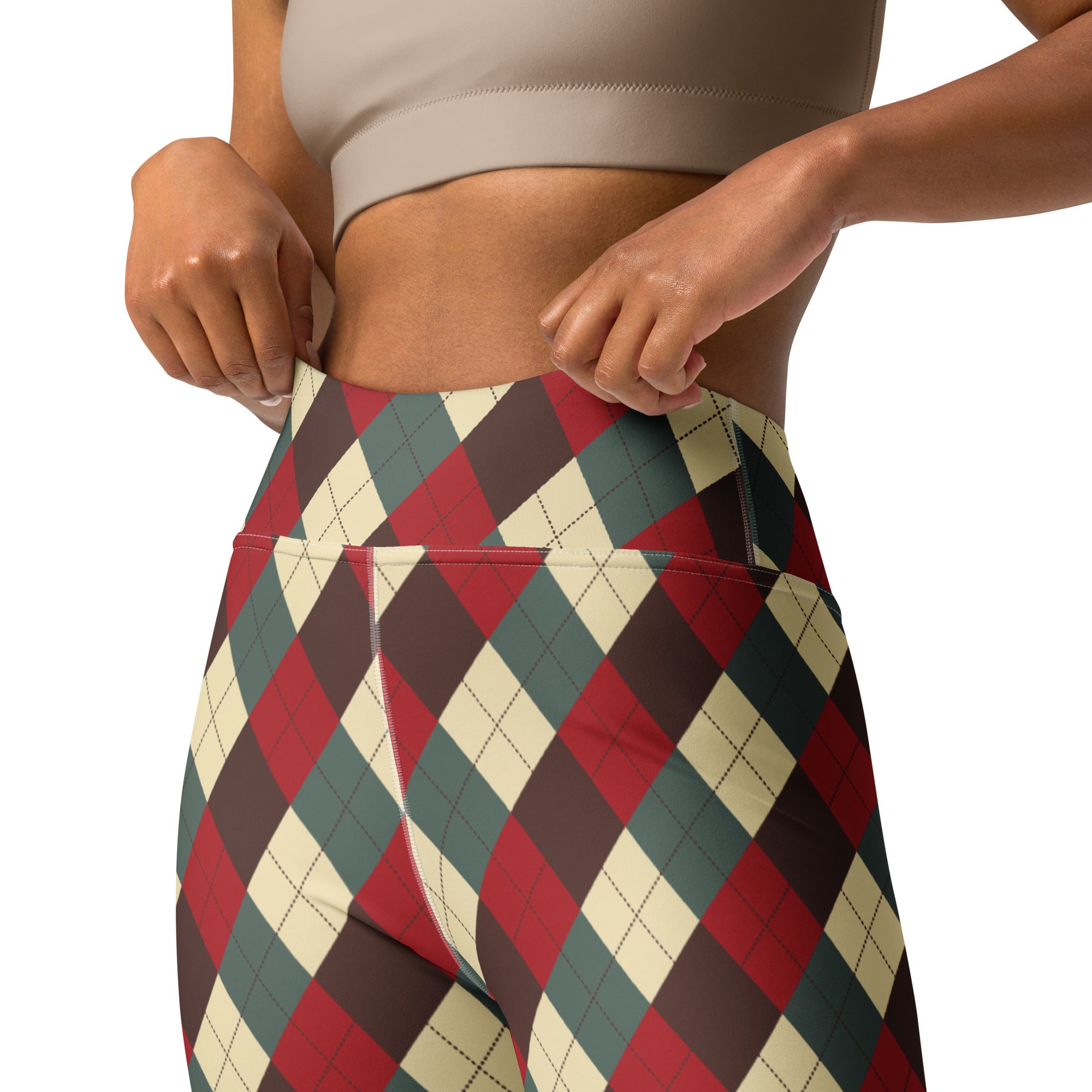 Women’s christmas themed argyle buttery soft high waisted leggings in red green and cream perfect for yoga