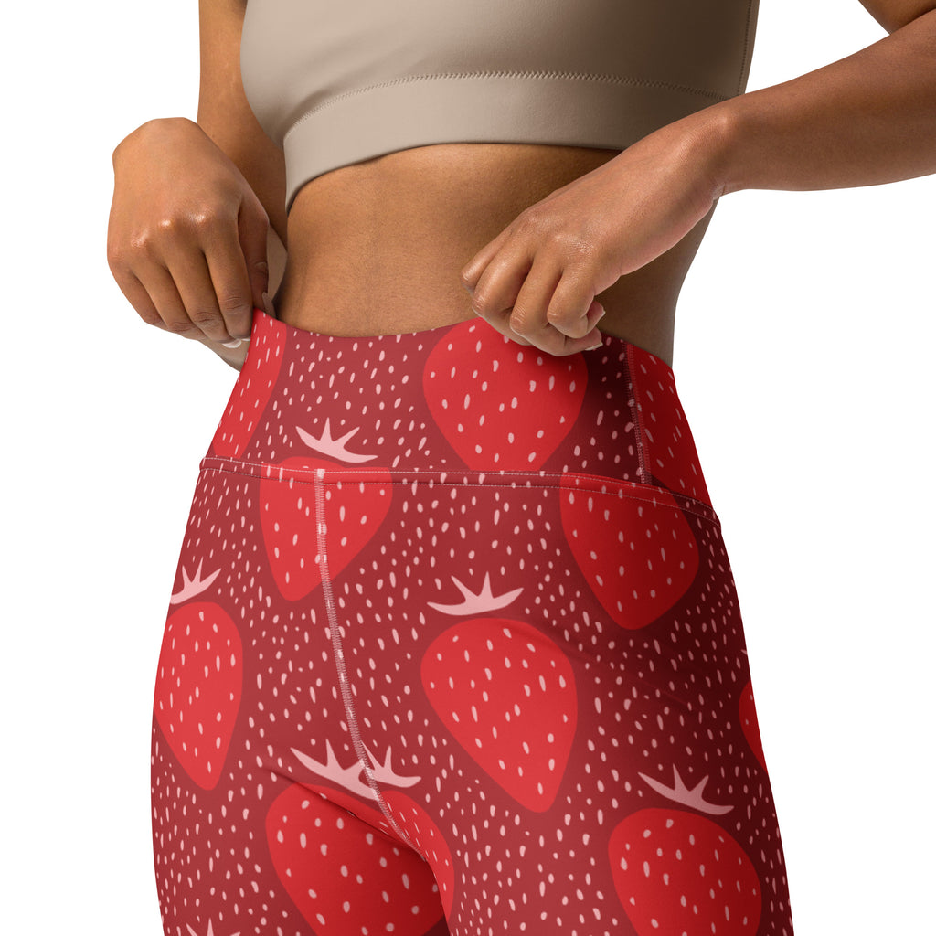Women’s buttery soft high-waisted red strawberry-patterned yoga leggings with white dotted accents