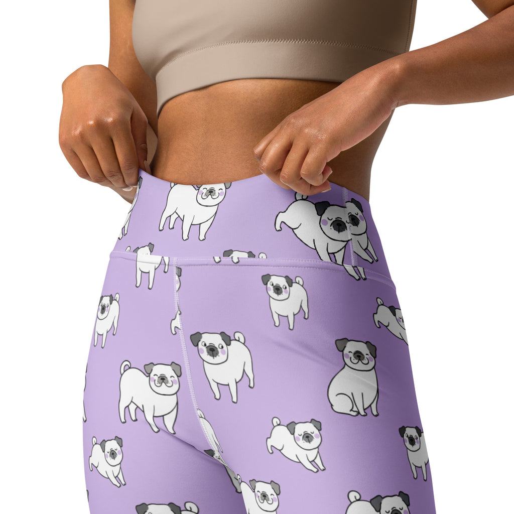 Women’s purple pug buttery soft yoga leggings with high waist and playful white and gray cartoon pug pattern