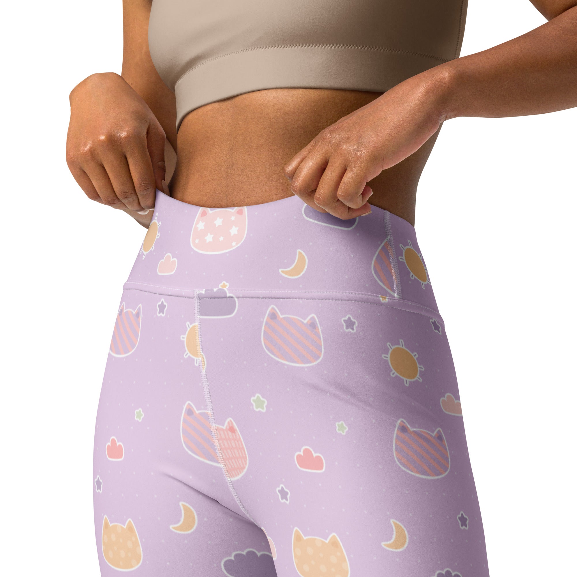 Women’s pastel purple kawaii cats buttery soft high-waisted yoga leggings with moons and stars pattern