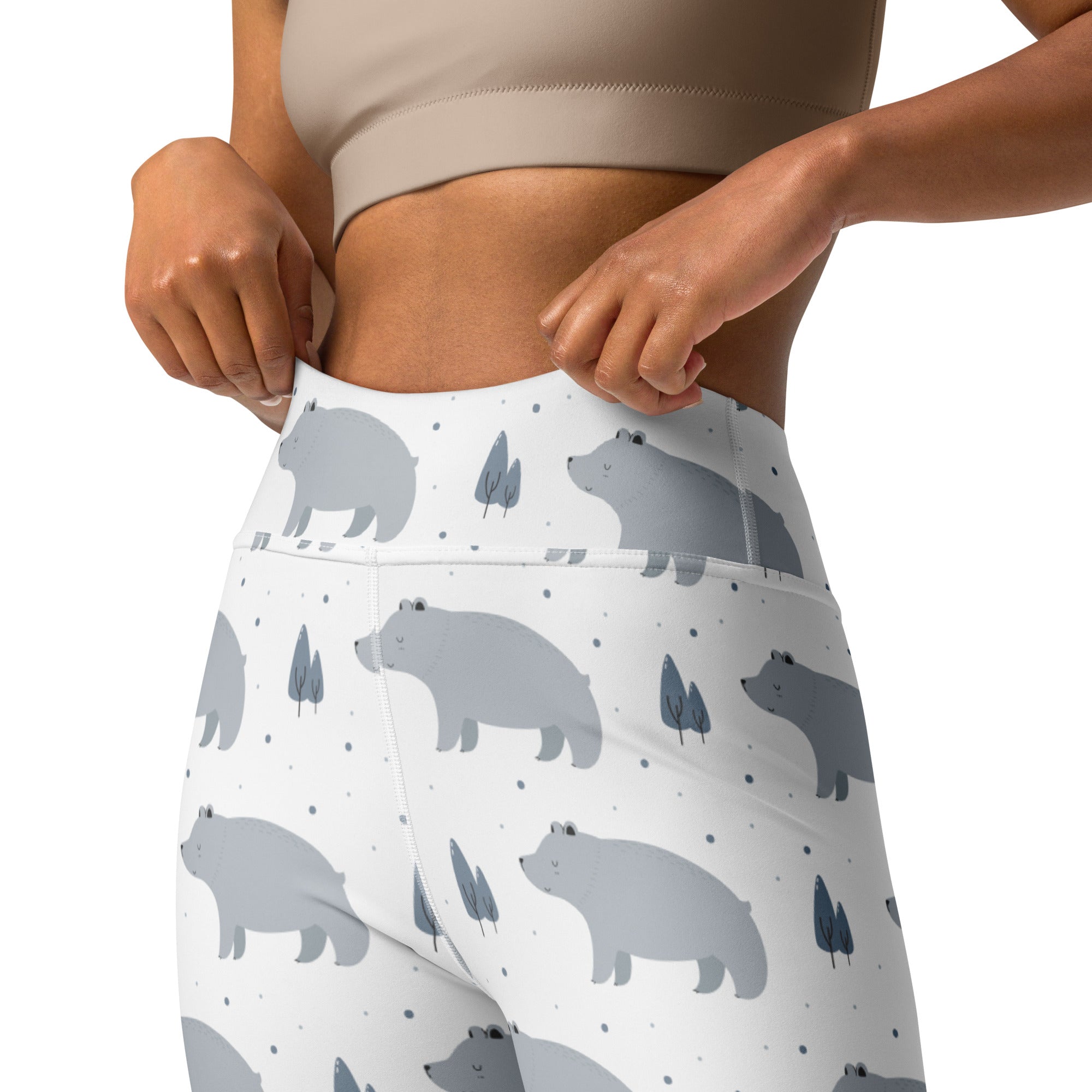 White high-waisted buttery soft yoga leggings with a gray bear and tree pattern for women