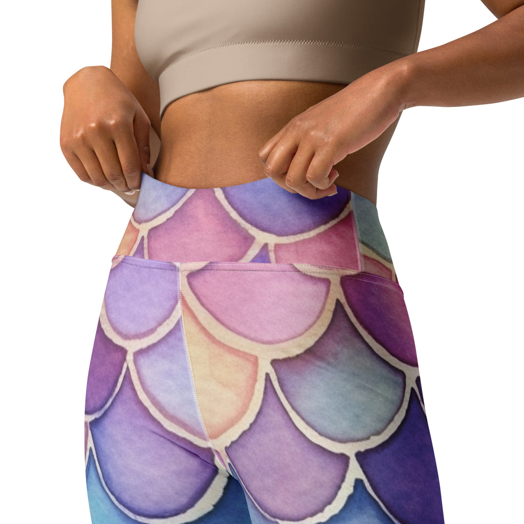 Women’s watercolor mermaid buttery soft yoga leggings with high waist and pastel purple pink blue mermaid scale pattern