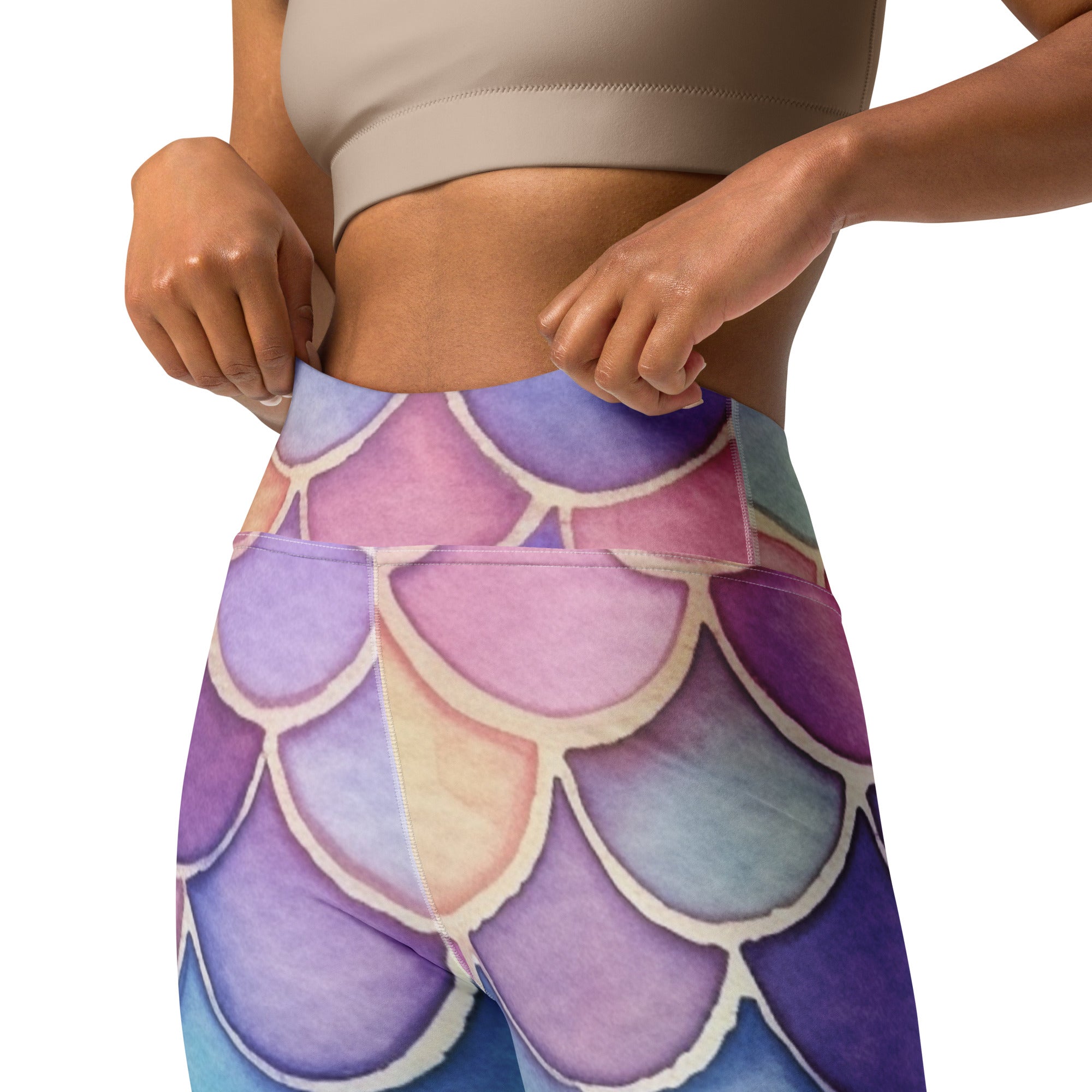 Women’s watercolor mermaid buttery soft yoga leggings with high waist and pastel purple pink blue mermaid scale pattern