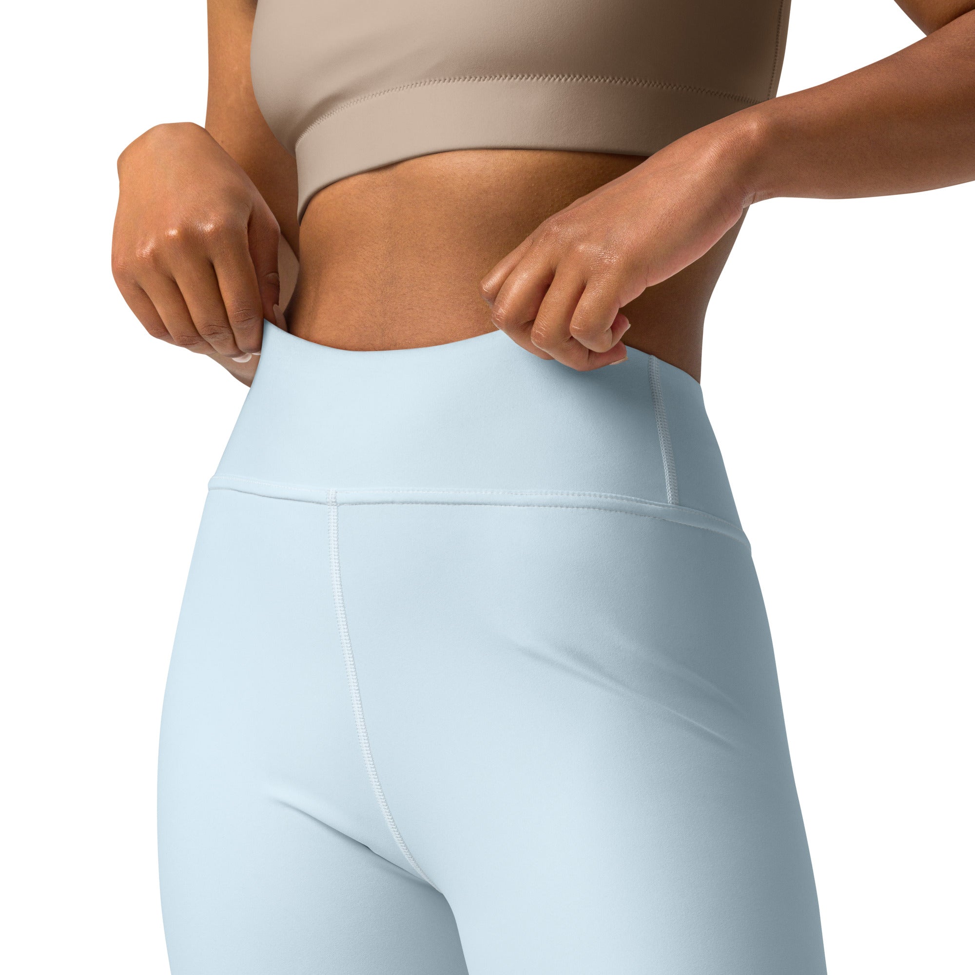 Women’s nimbus blue buttery soft yoga leggings in light blue high waisted smooth stretchy fabric with minimalist design