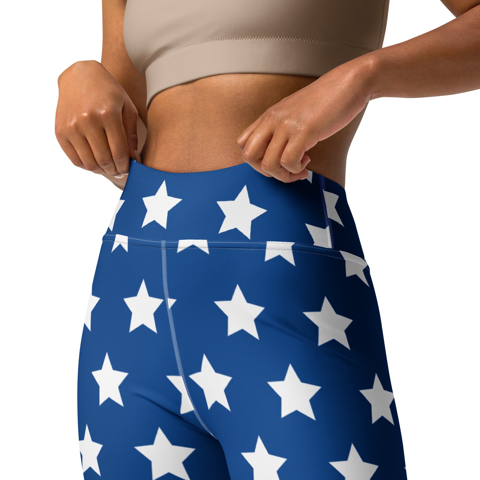 Blue high-waisted womens buttery soft yoga leggings with white star pattern inspired by american flag design
